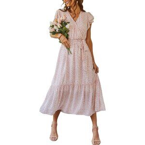 Women's Pink Floral Boho Dress Wrap V Neck Short Sleeve Belted Ruffle Hem A-Lin